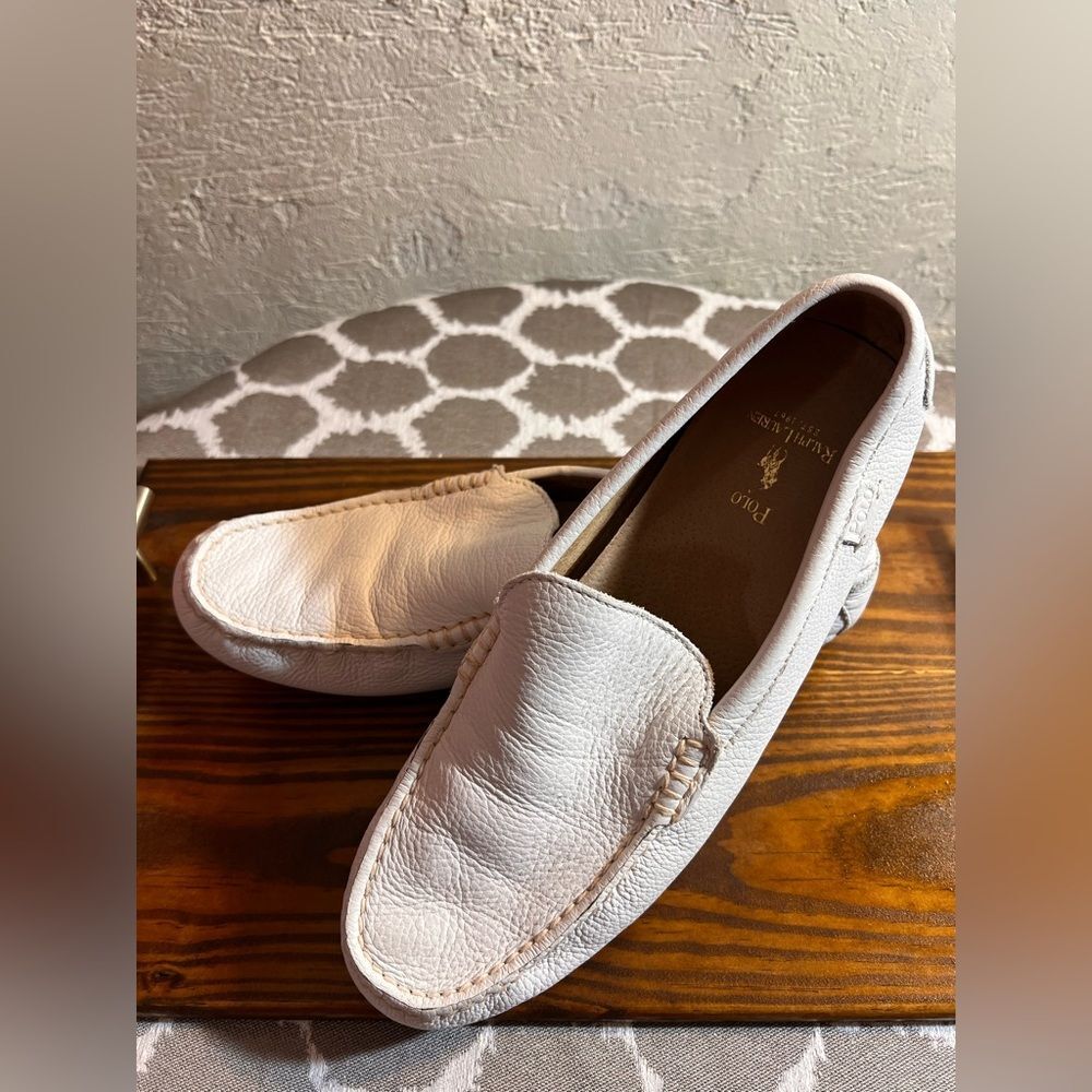 Polo Ralph Lauren White Leather Loafers Slip-Ons driving shoes 9.5